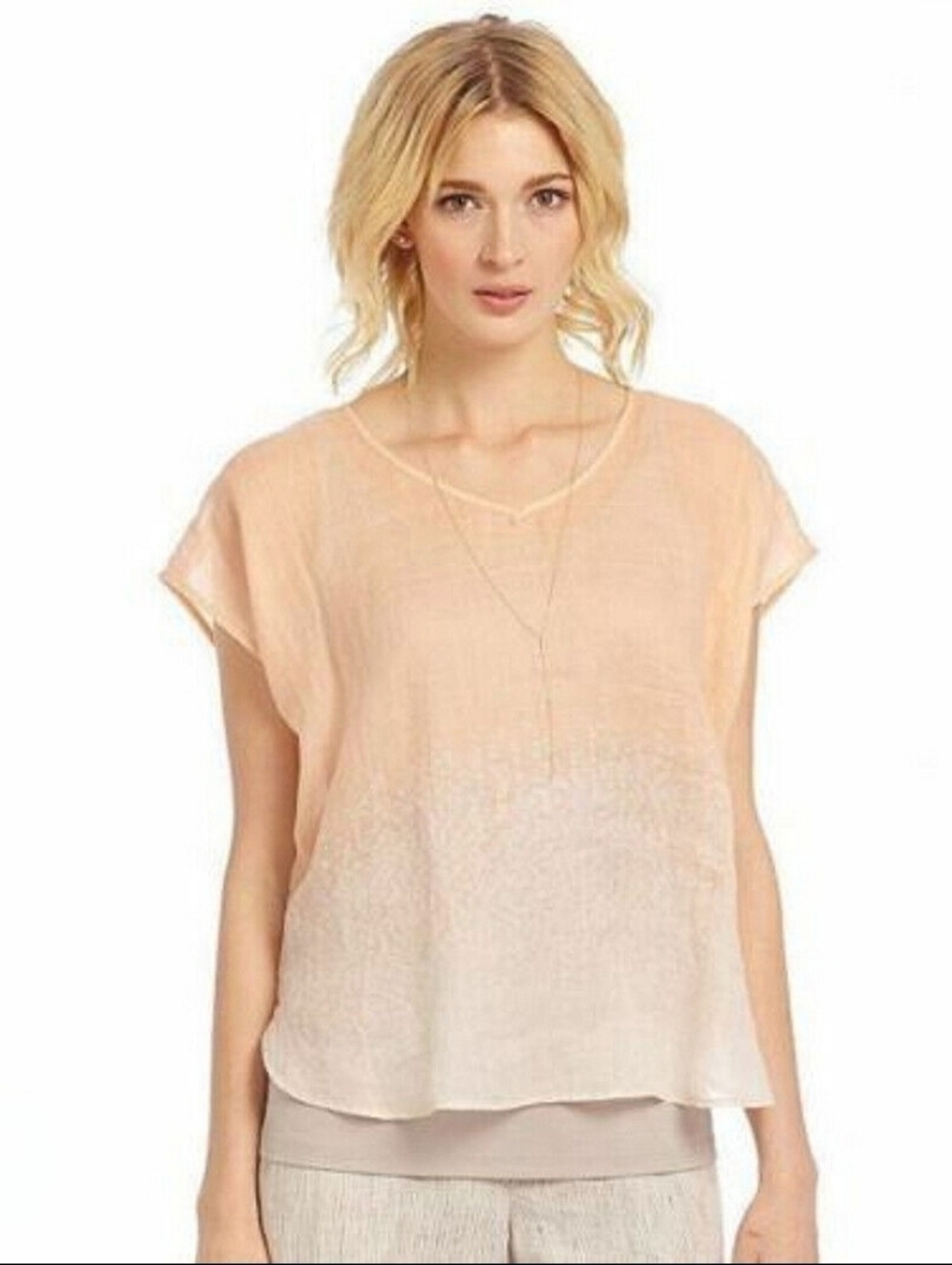 Eileen Fisher Peach Alabaster Sheer Ramie Dapple Printed Box Top Blouse Large